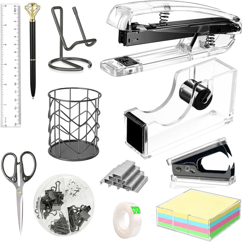 Famassi Office Desk Accessories, Acrylic Stapler, Staple Remover, Tape Holder, Pen Holder, Ballpoint Pen, Scissor, Binder Clips, 1000pcs Staples, Phone Holder, Ruler, Transparent Glue and 300 Notes - Image 1